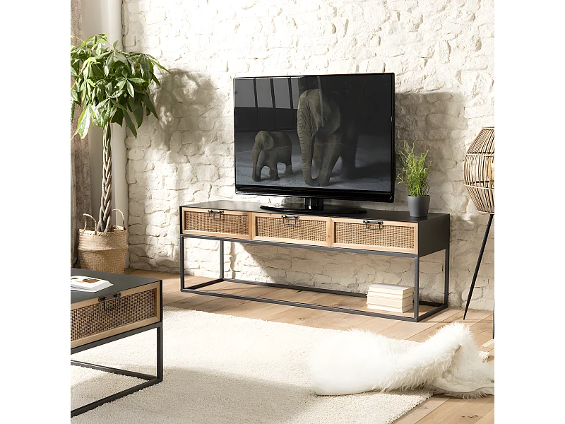 DORIANE - Meuble TV noir métal 3 tiroirs cannage naturel