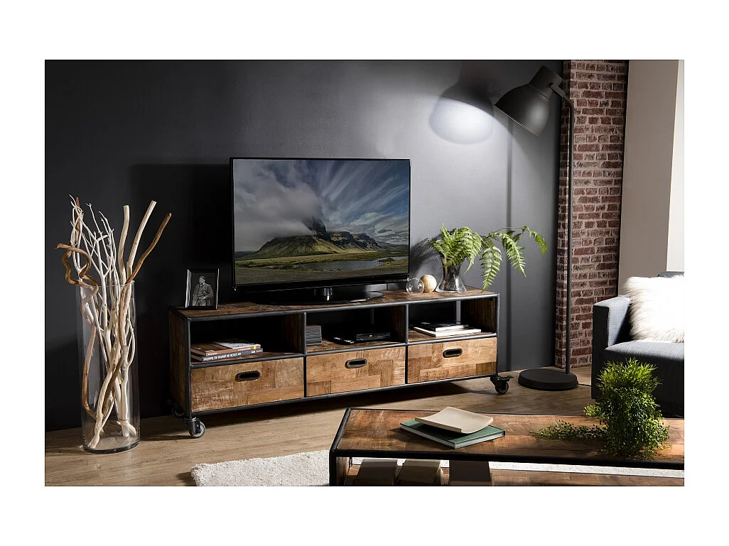 SIXTINE - Meuble TV à roulettes 3 tiroirs bois de teck recyclé marron