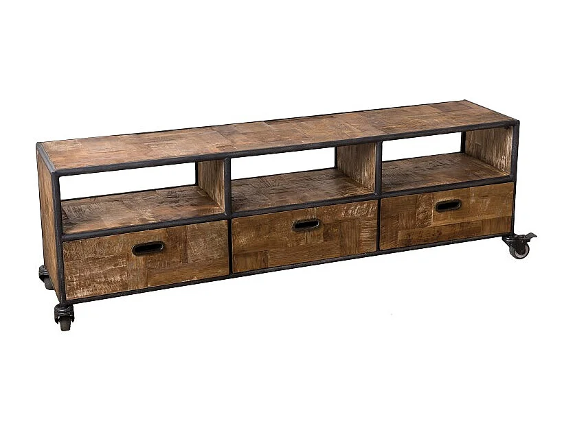 SIXTINE - Meuble TV à roulettes 3 tiroirs bois de teck recyclé marron