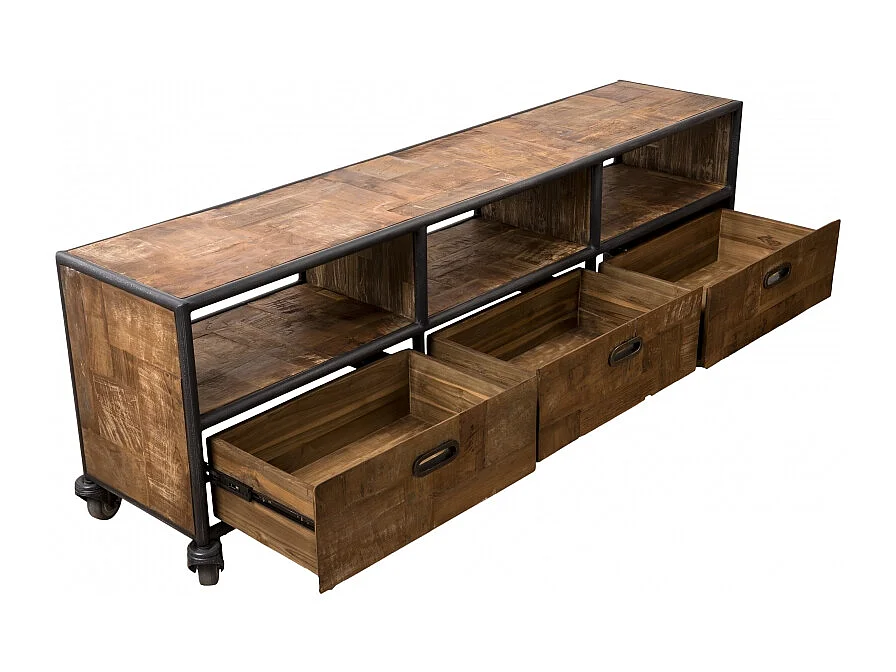 SIXTINE - Meuble TV à roulettes 3 tiroirs bois de teck recyclé marron
