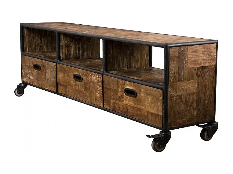 SIXTINE - Meuble TV à roulettes 3 tiroirs bois de teck recyclé marron