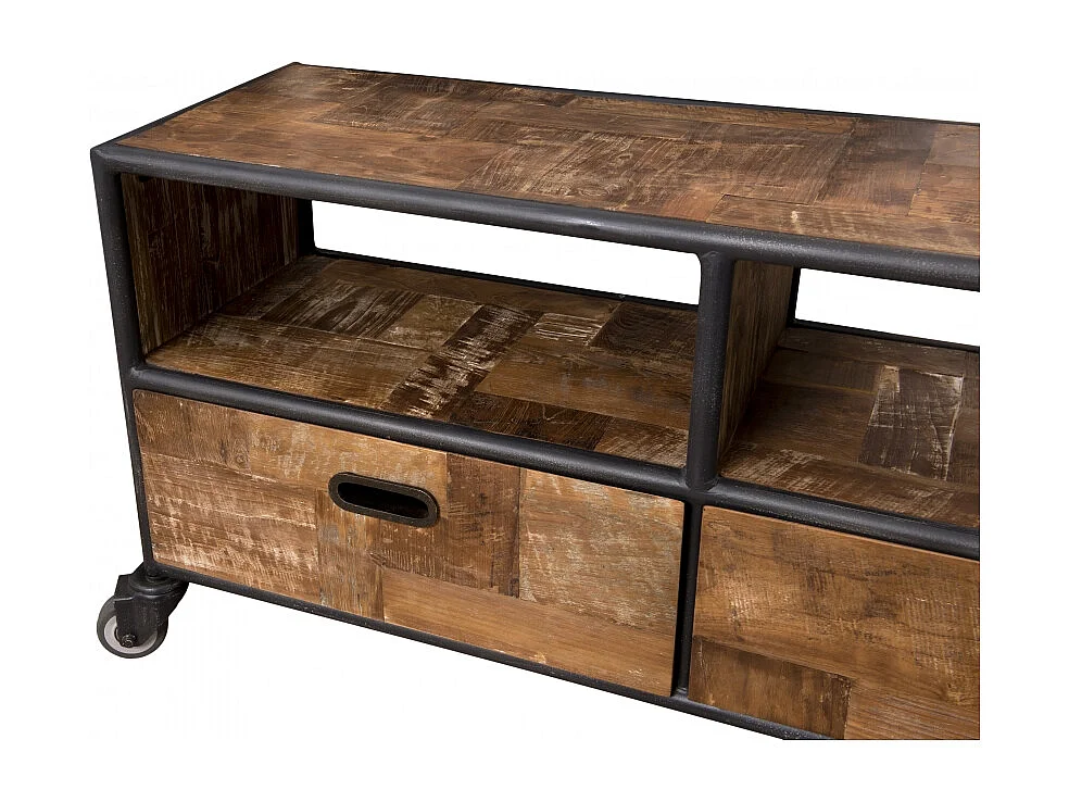 SIXTINE - Meuble TV à roulettes 3 tiroirs bois de teck recyclé marron