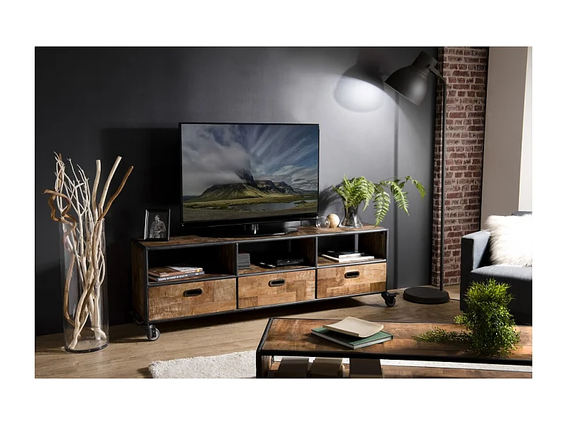 SIXTINE - Meuble TV à roulettes 3 tiroirs bois de teck recyclé marron