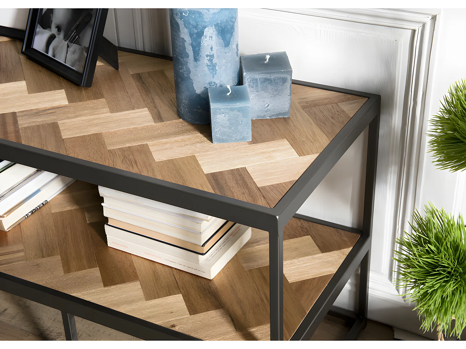 CLEMENCE - Meuble TV 2 niveaux bois teck et métal