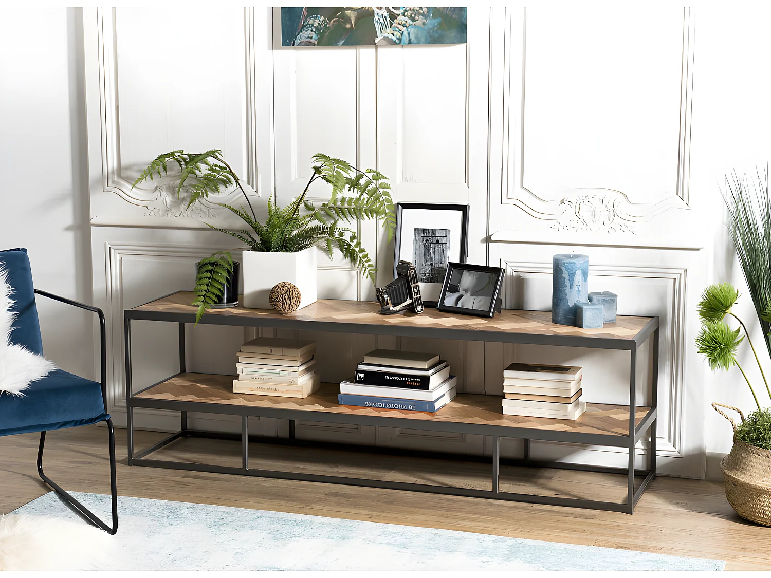 CLEMENCE - Meuble TV 2 niveaux bois teck et métal