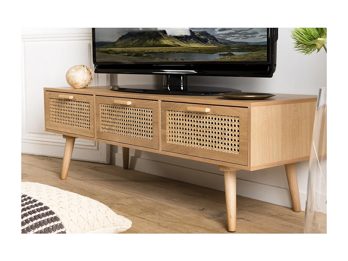 RODRIGO - Meuble TV couleur naturelle 3 tiroirs bois cannage