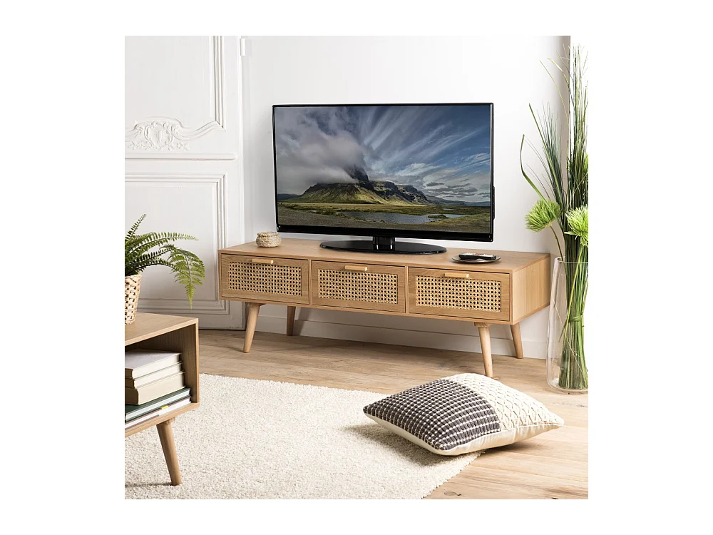 RODRIGO - Meuble TV couleur naturelle 3 tiroirs bois cannage