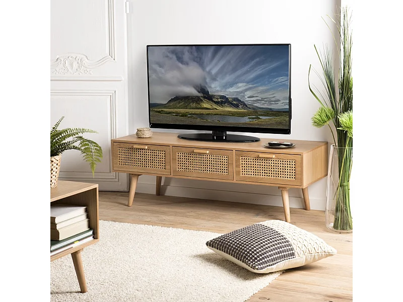 RODRIGO - Meuble TV couleur naturelle 3 tiroirs bois cannage