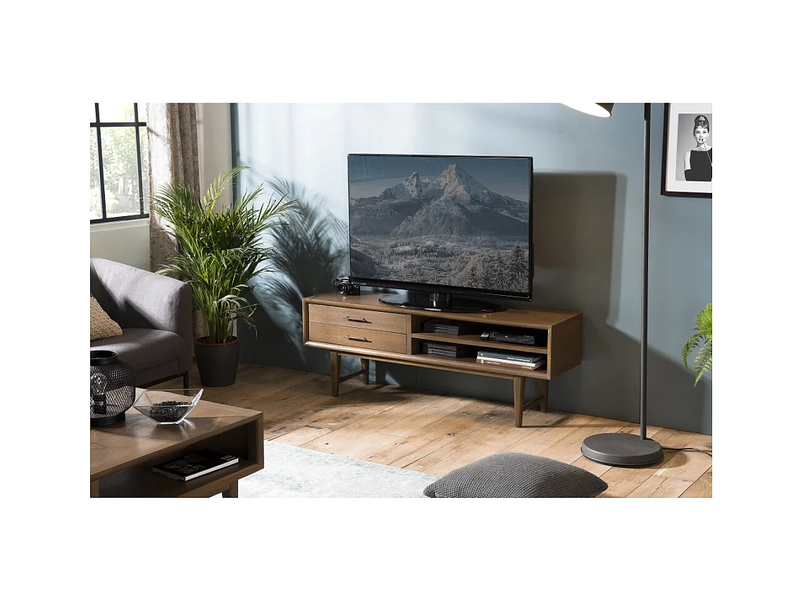 LARA - Meuble TV marron 2 tiroirs 2 niches bois Mindi