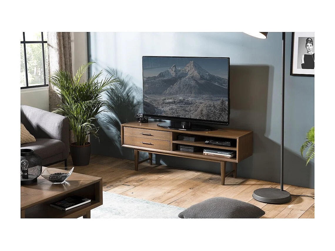 LARA - Meuble TV marron 2 tiroirs 2 niches bois Mindi