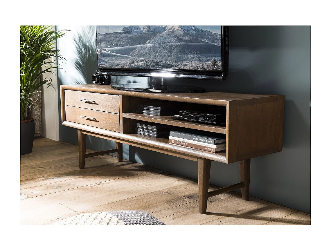 LARA - Meuble TV marron 2 tiroirs 2 niches bois Mindi