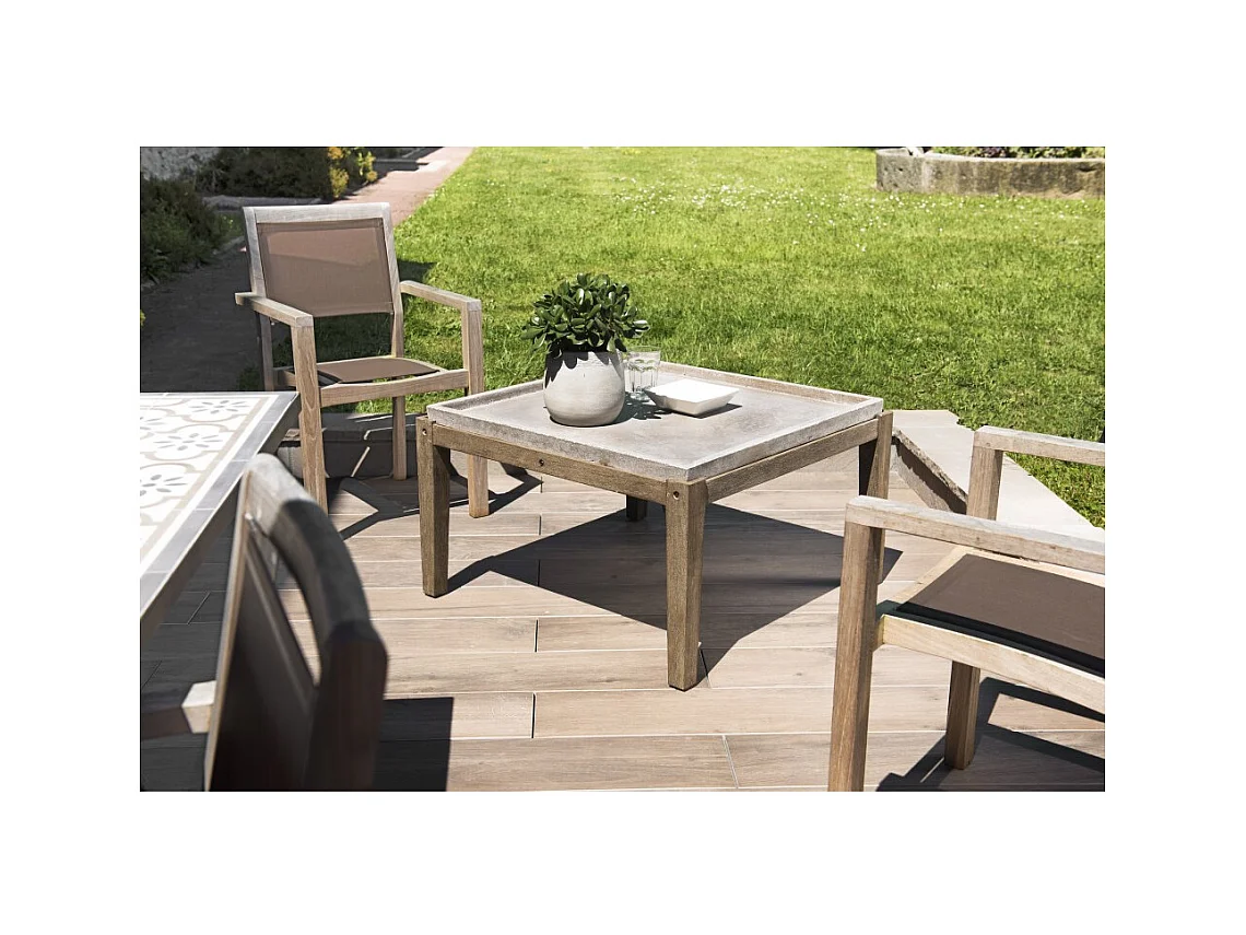HECTOR - Table basse de jardin carrée béton 83x83 cm pieds en bois Acacia