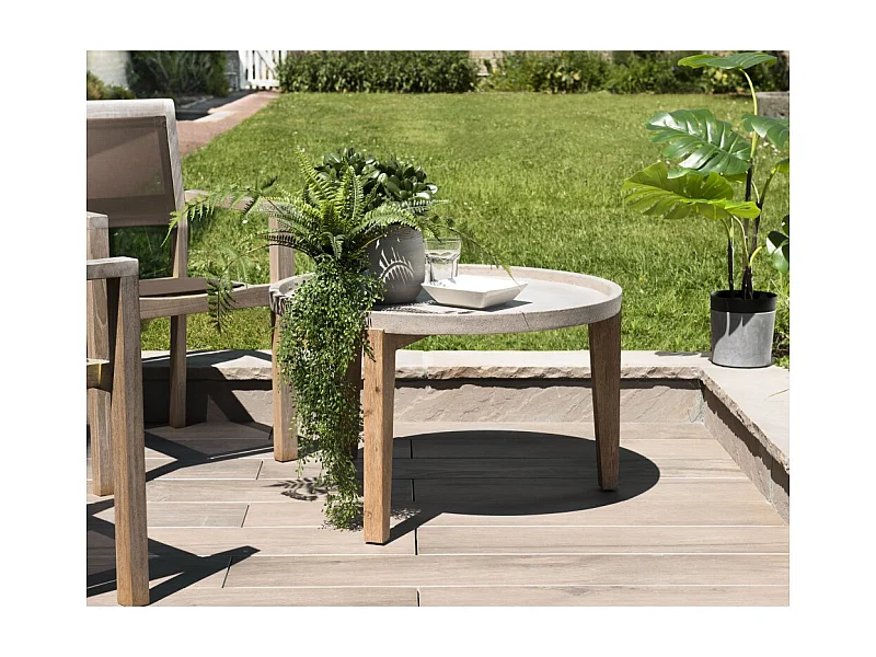 HECTOR - Table basse de jardin ronde béton 81x81 cm pieds bois acacia