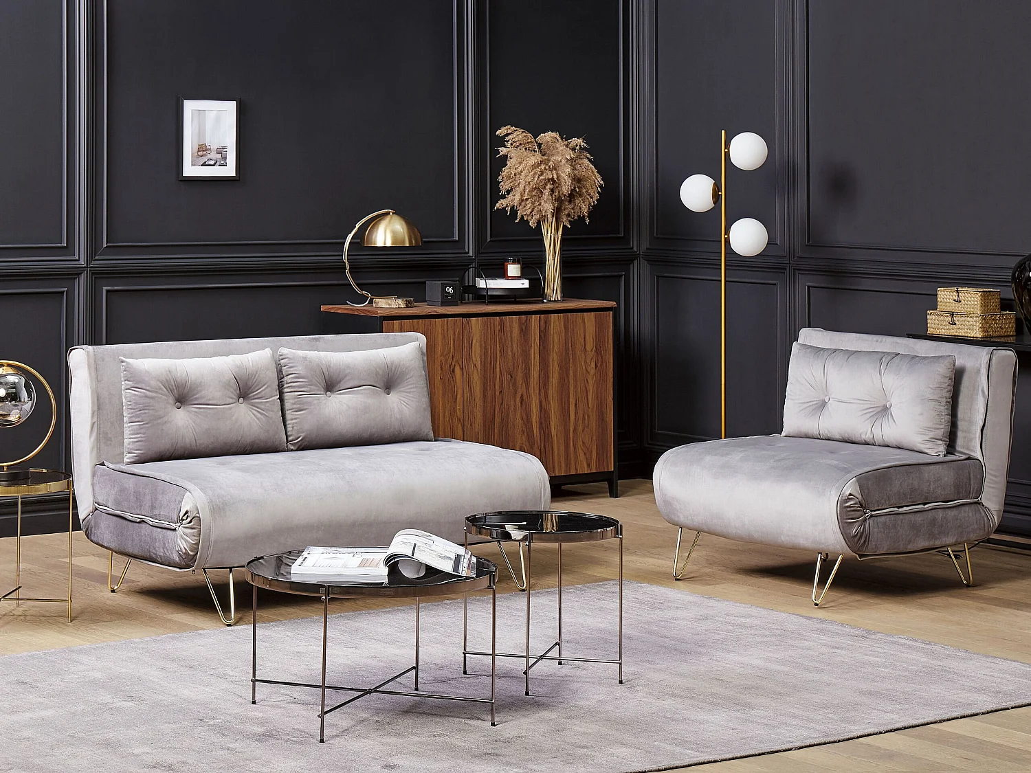 Stilvolles und elegantes 3-Sitzer Sofa Set Samtstoff in Grau Metalbeine Vestfold