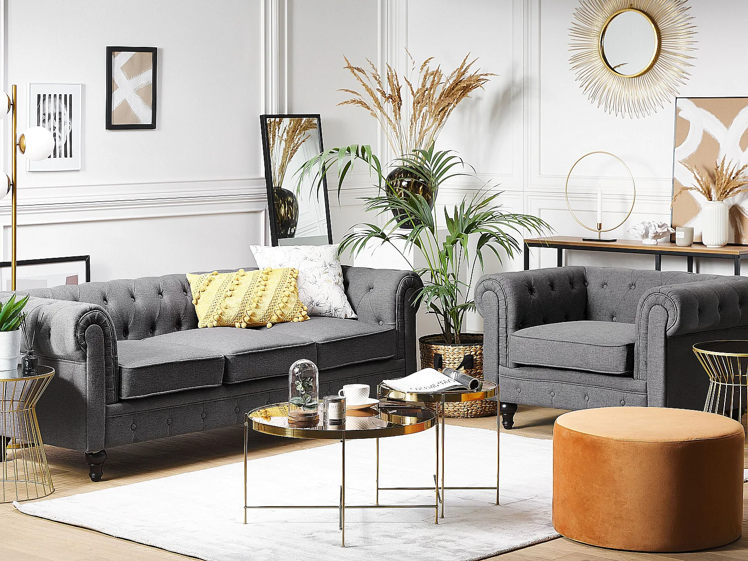 Ensemble de salon 4 places CHESTERFIELD Tissu Gris