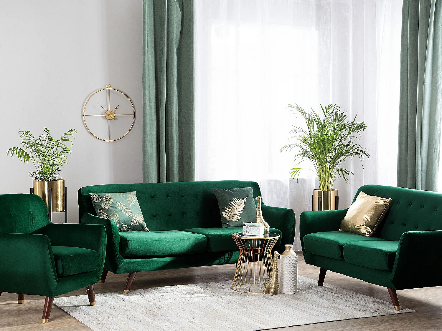 Ensemble canapés et fauteuil en velours vert émeraude 6 places BODO