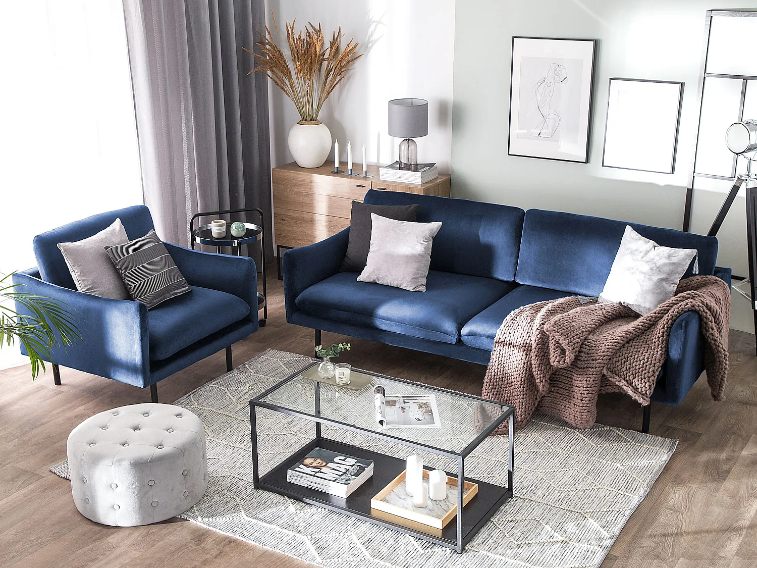 Ensemble canapé et fauteuil en velours bleu foncé 4 places VINTERBRO