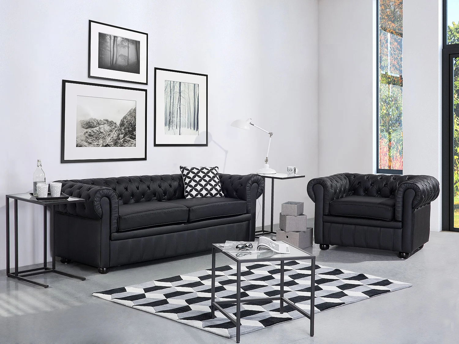 Ensemble de salon CHESTERFIELD Cuir Noir 4 places