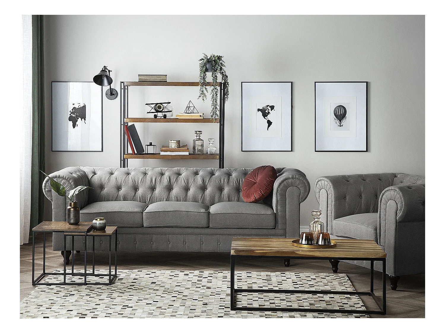 Ensemble de salon 4 places CHESTERFIELD Tissu Gris clair