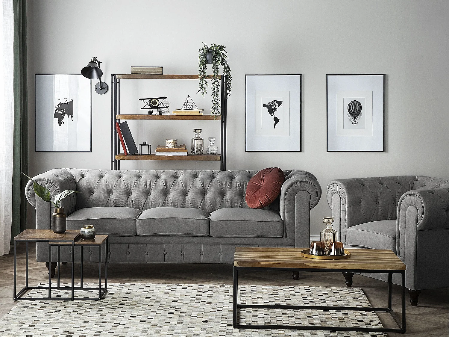 Ensemble de salon CHESTERFIELD Tissu Gris clair 4 places