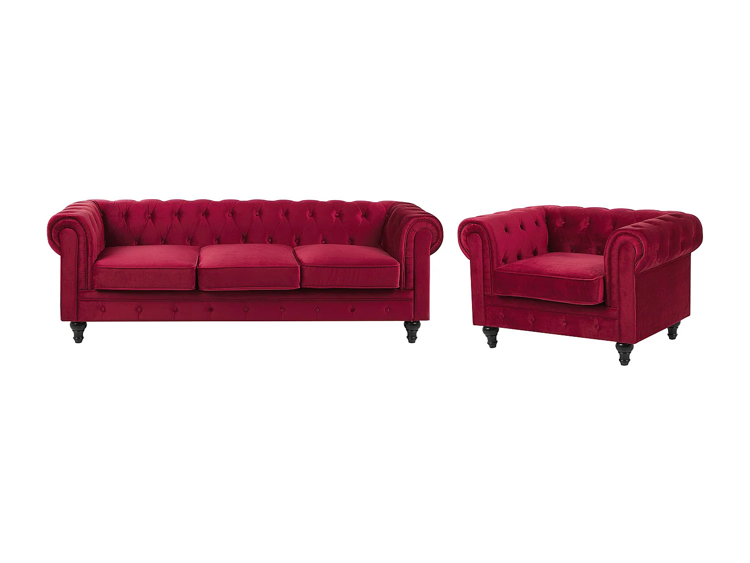 Ensemble de salon 4 places CHESTERFIELD Velours Rouge foncé