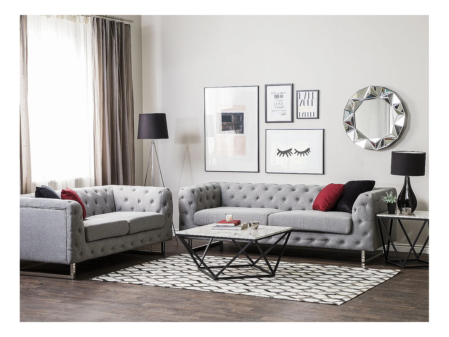 Modernes Sofa Set 2er Sofa 3er Sofa Polsterbezug Chesterfield Stil hellgrau Vissland