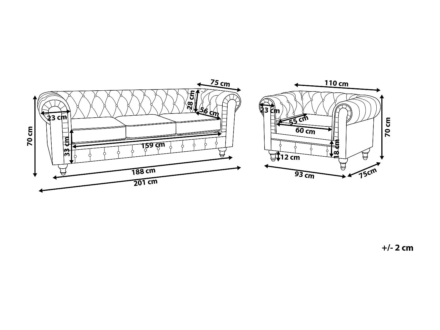 Bankenset CHESTERFIELD Fluweel Zwart 4-zitter