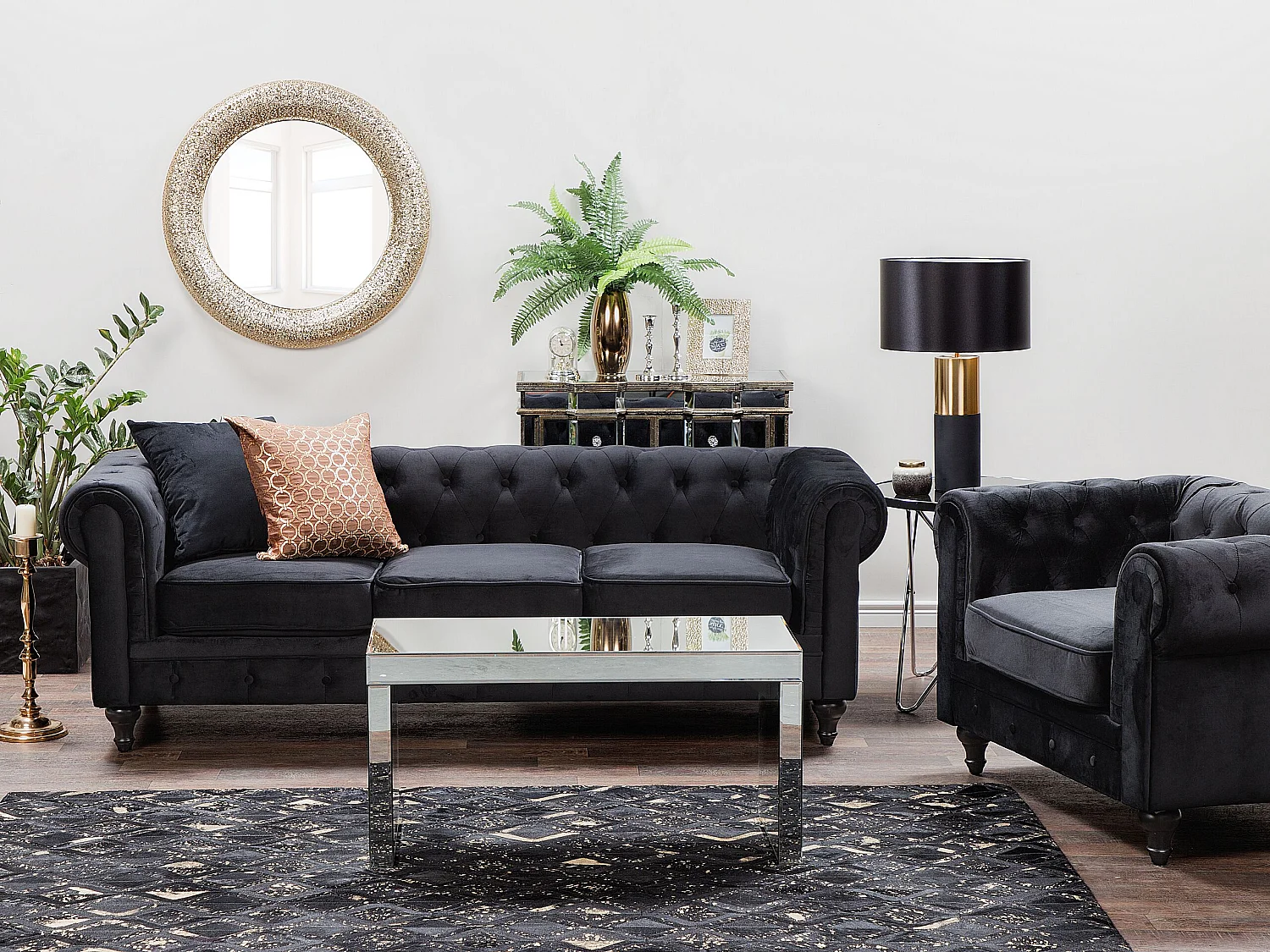 Conjunto de sala de estar CHESTERFIELD Terciopelo Negro 4 plazas