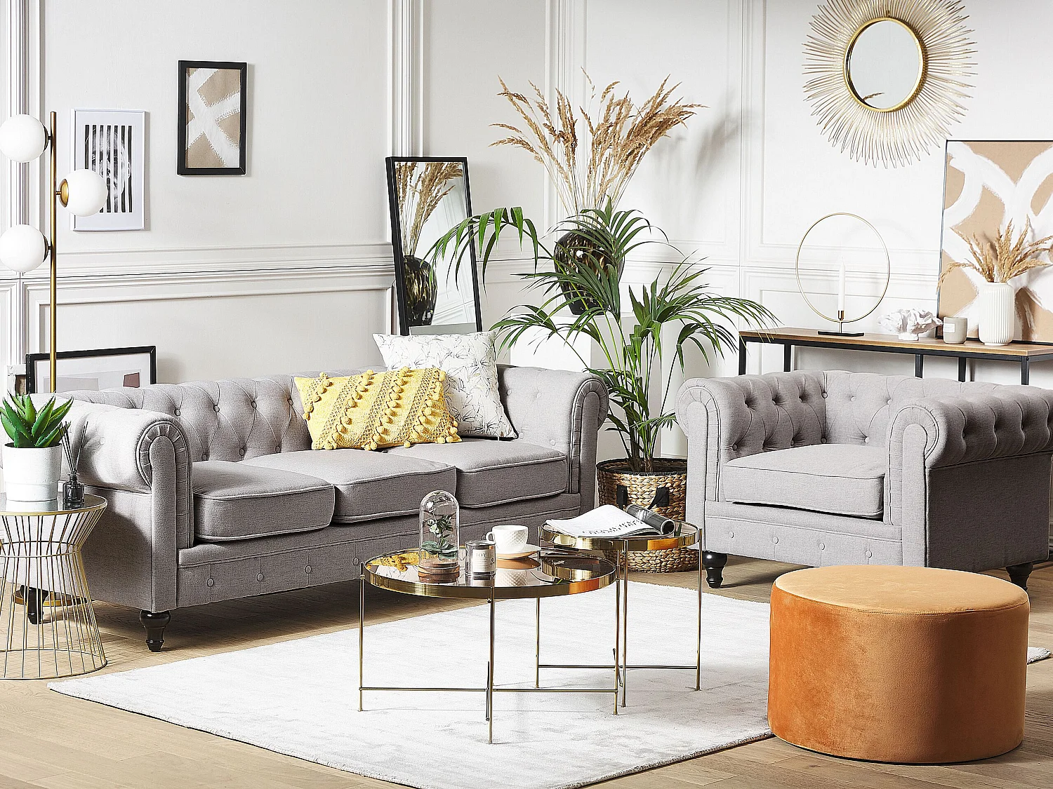 Ensemble de salon CHESTERFIELD Tissu Gris clair 4 places