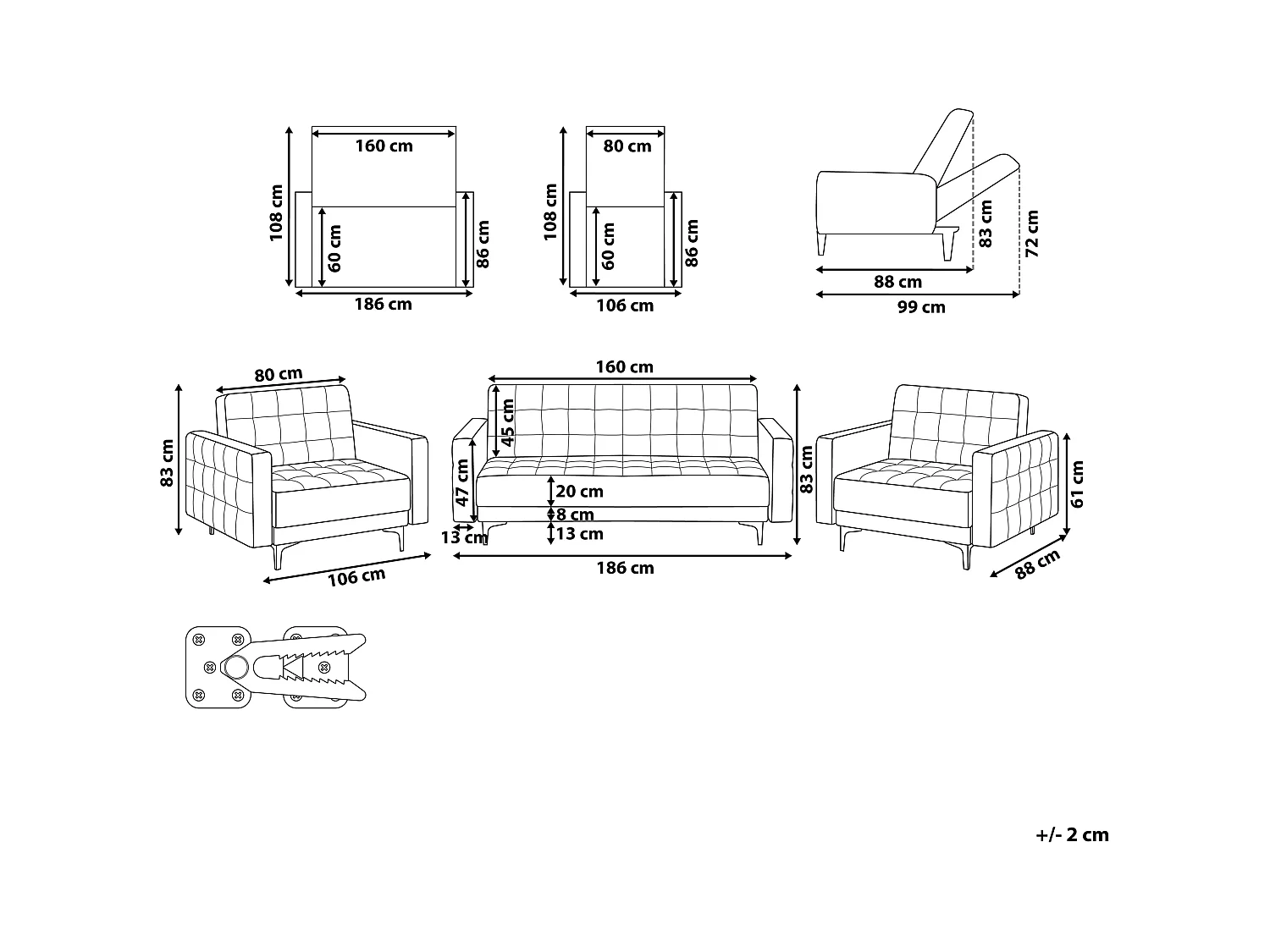 Komplet wypoczynkowy ABERDEEN Welur Szary dla 5 osób