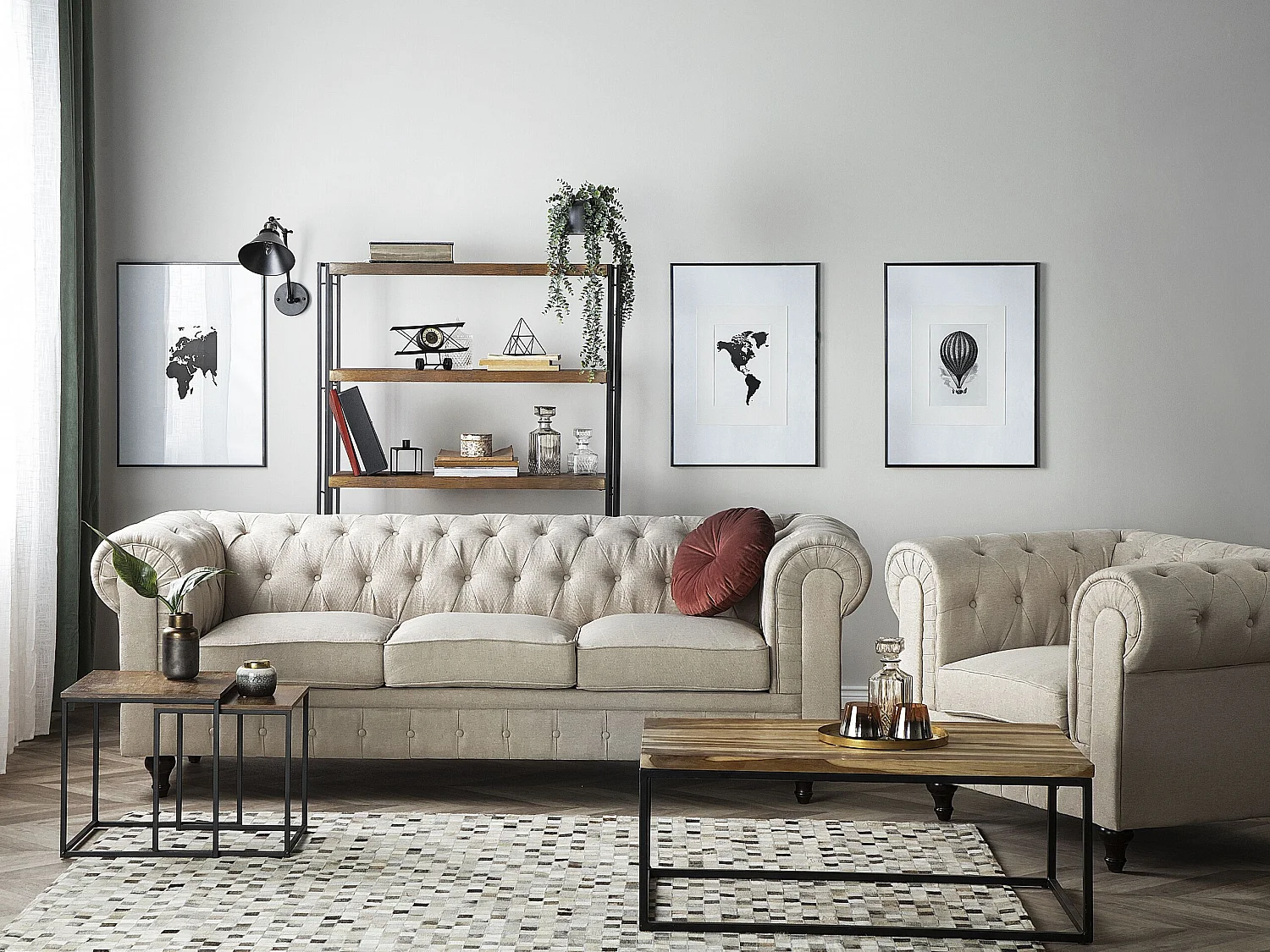 Conjunto de sala de estar CHESTERFIELD Tecido Creme 4 lugares