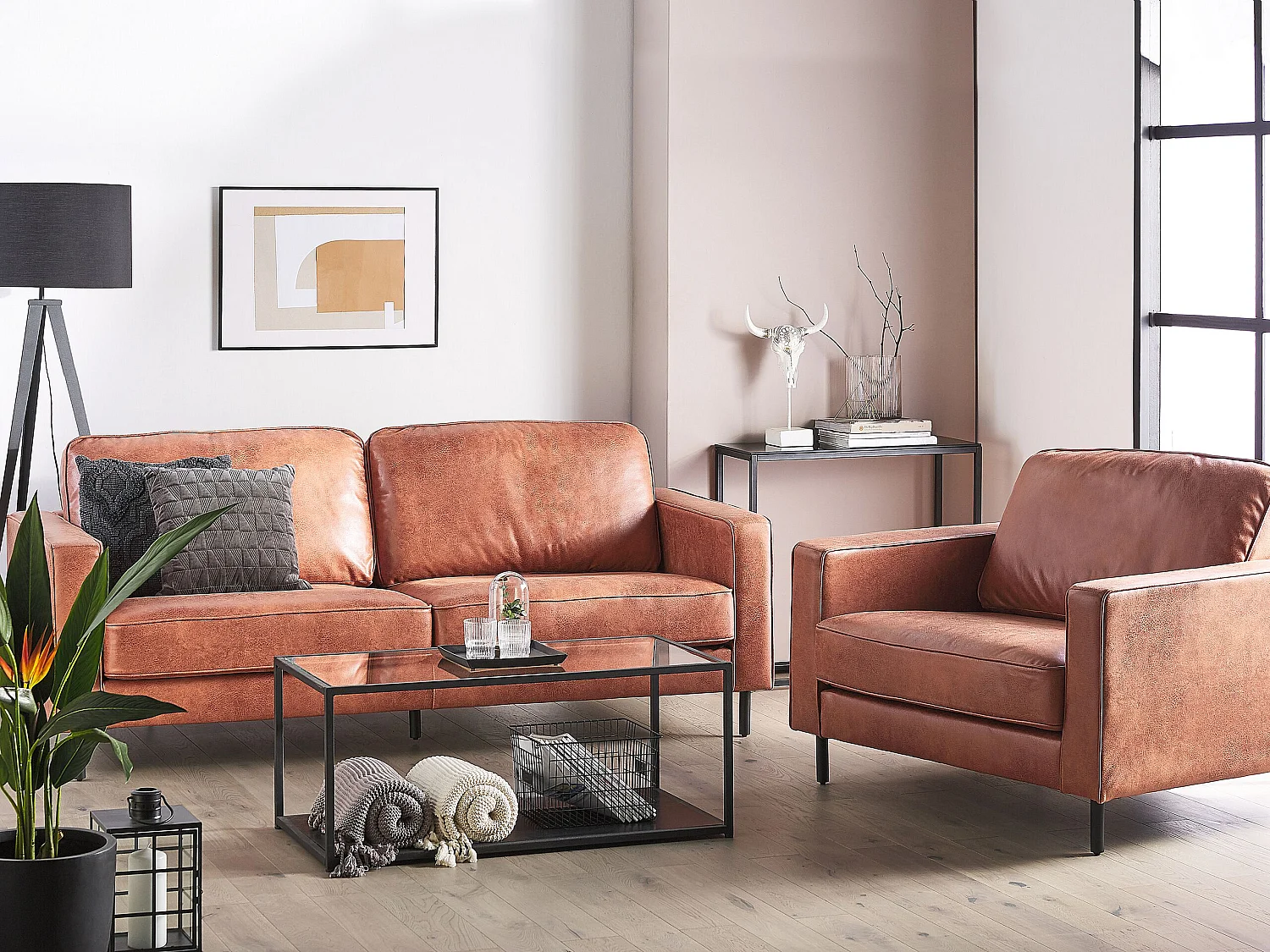 Modernes Wohnzimmer Set Sofa Sessel Lederoptik in Goldbraun Savalen