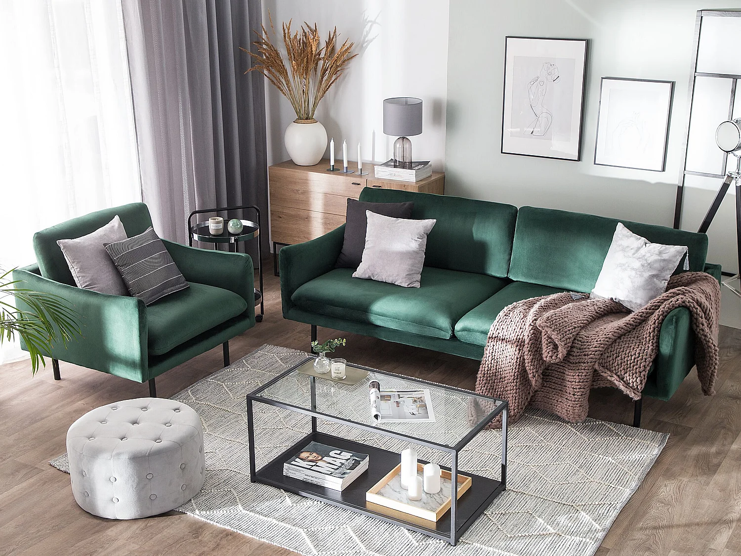 Ensemble canapé et fauteuil en velours vert 4 places VINTERBRO
