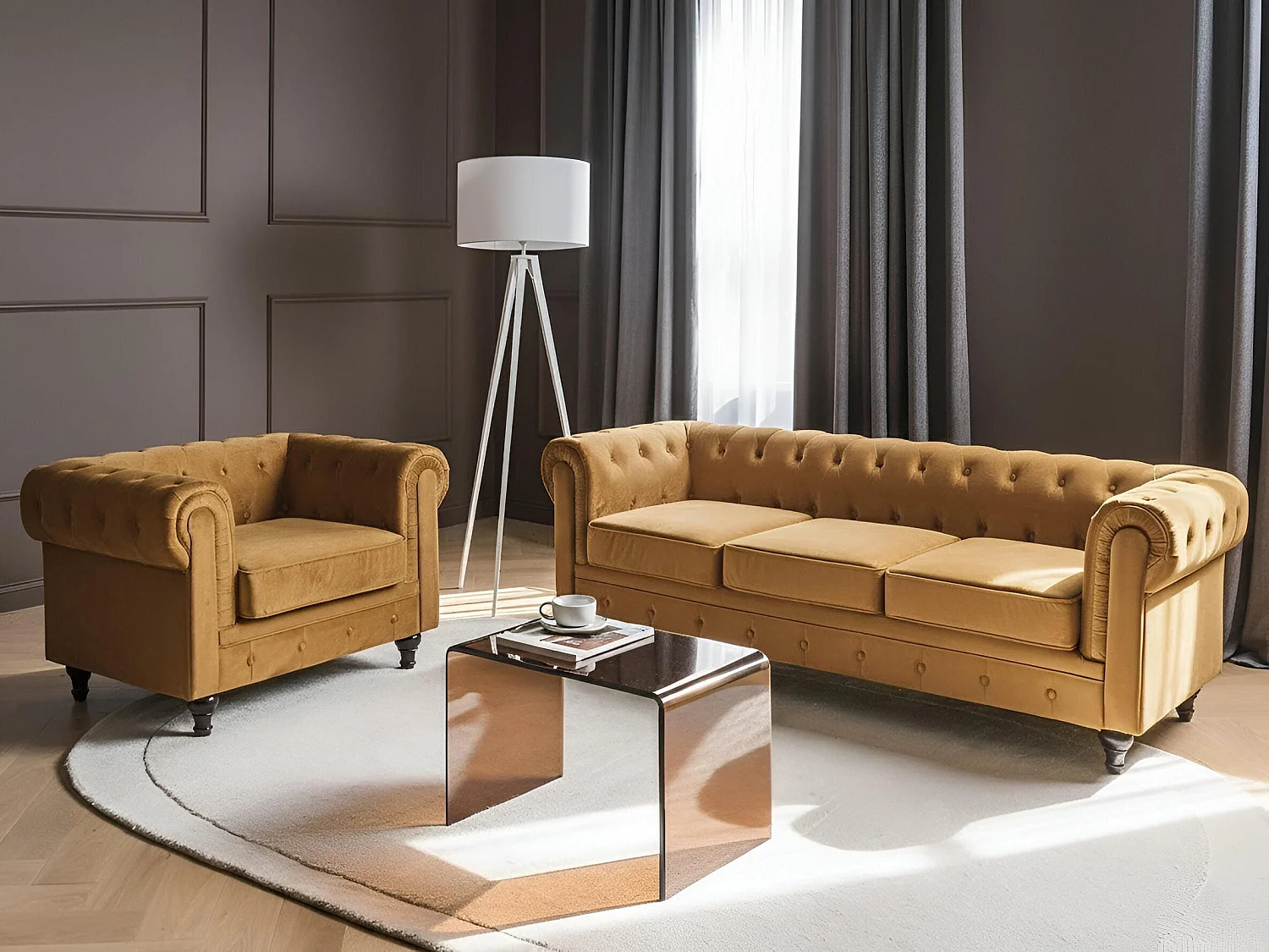 Ensemble de salon 4 places CHESTERFIELD Velours Doré