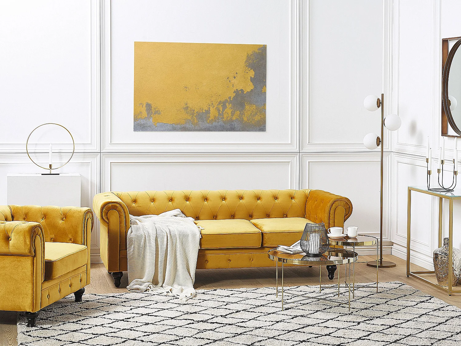 Bankenset CHESTERFIELD Fluweel Mosterdgeel 4-zitter