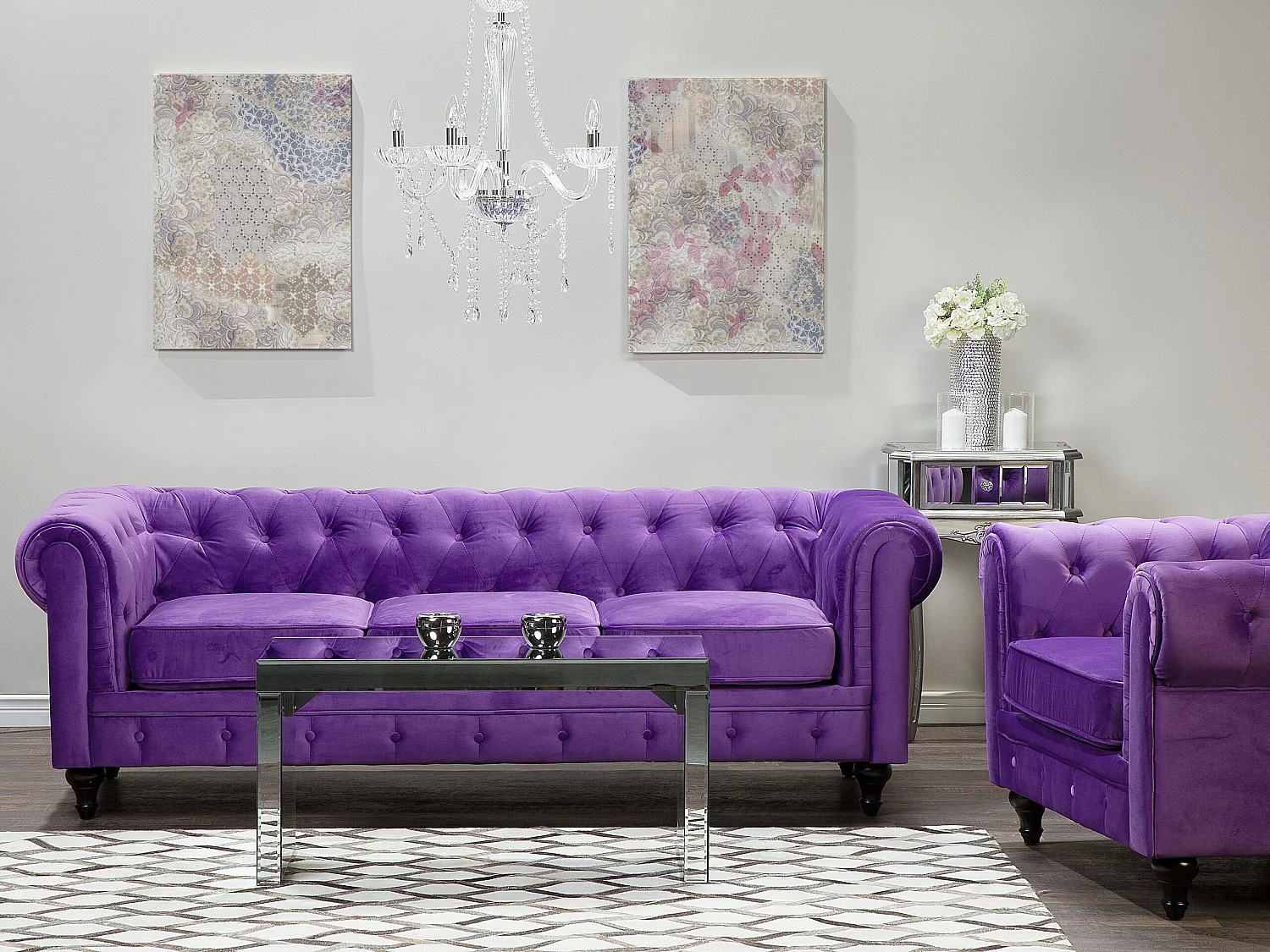 Ensemble de salon CHESTERFIELD Velours Violet 4 places