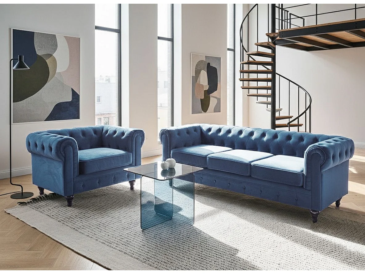 Bankenset CHESTERFIELD Fluweel Marineblauw 4-zitter