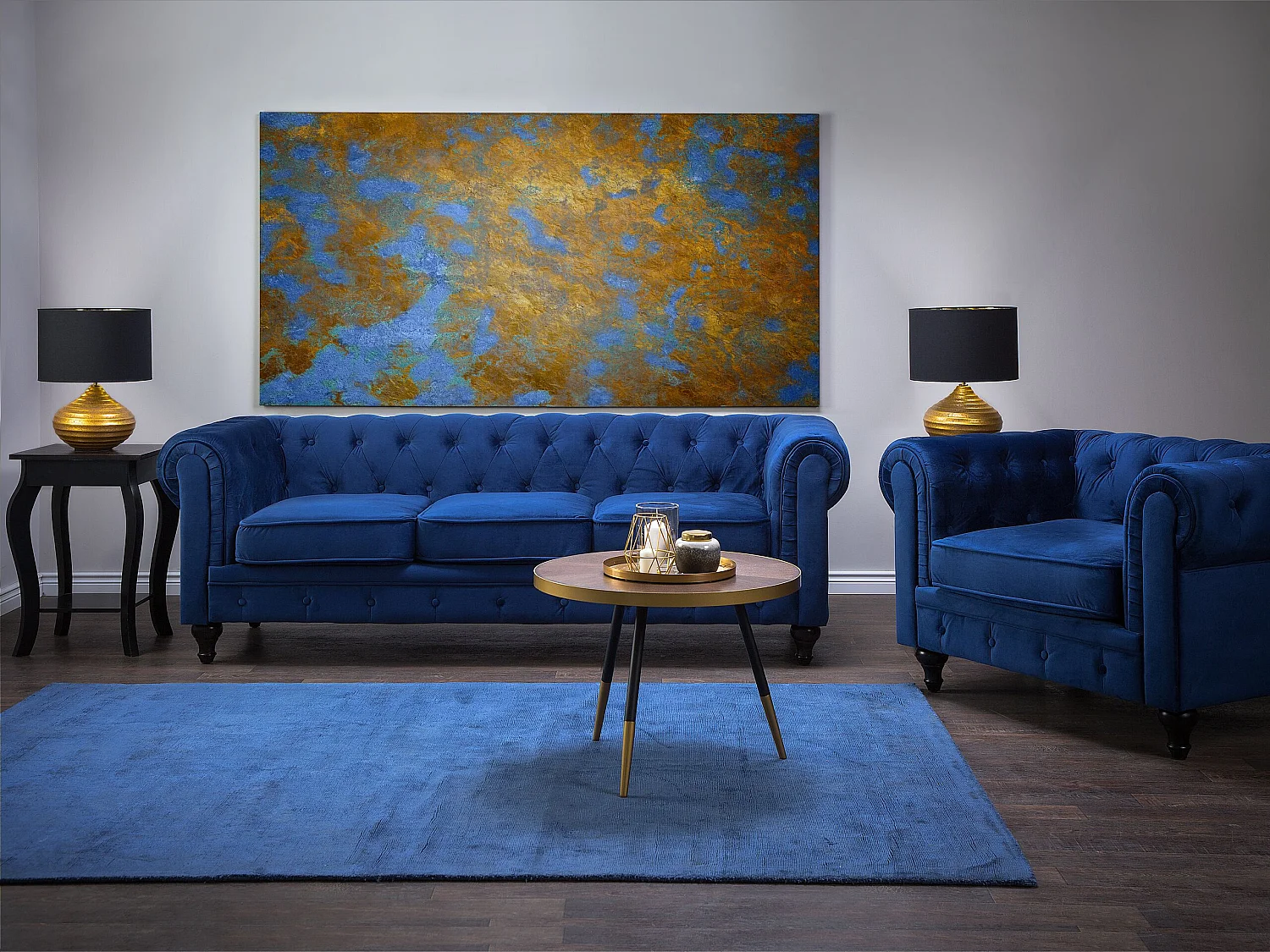 Ensemble de salon CHESTERFIELD Velours Bleu marine 4 places