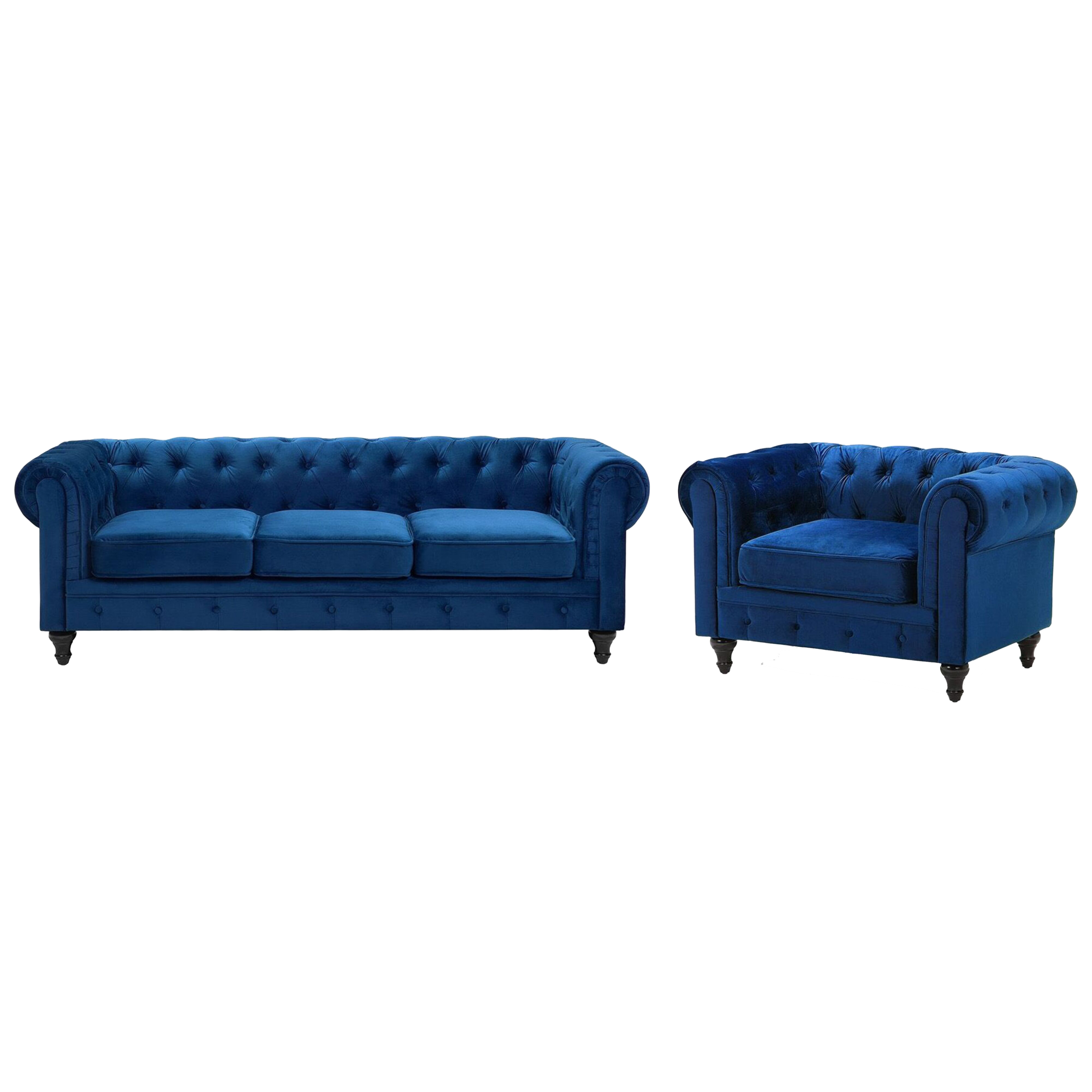 Ensemble Canap Et Fauteuil En Velours Bleu Cobalt Places Chesterfield