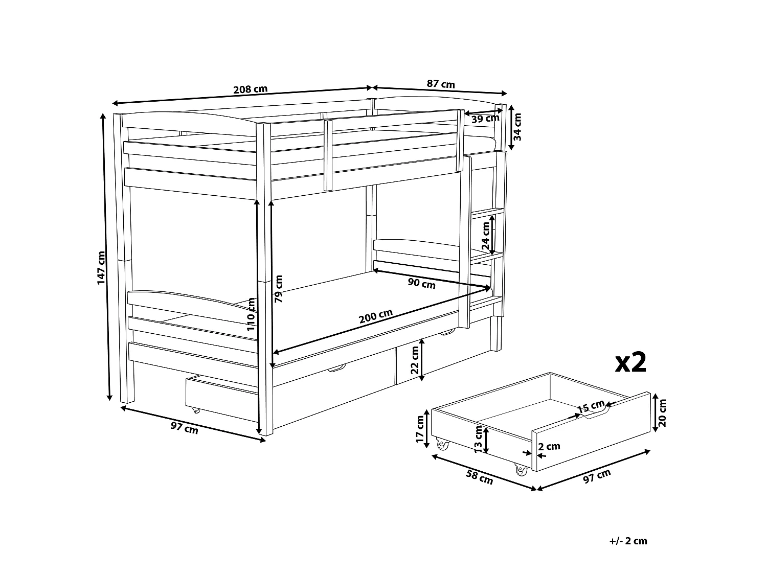Lit superposé Bois de pin REGAT 90 x 200 cm Blanc