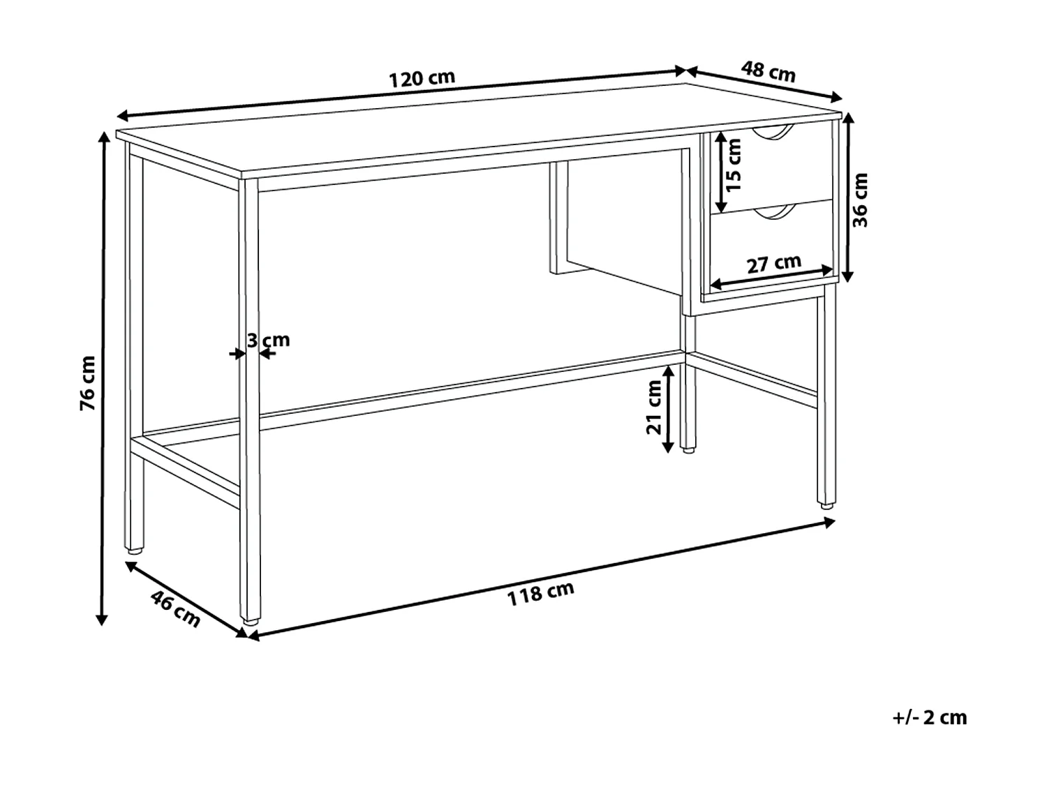 Schreibtisch hellbraun mit 2 Schubladen 120 x 48 cm Metallgestell schwarz Grant