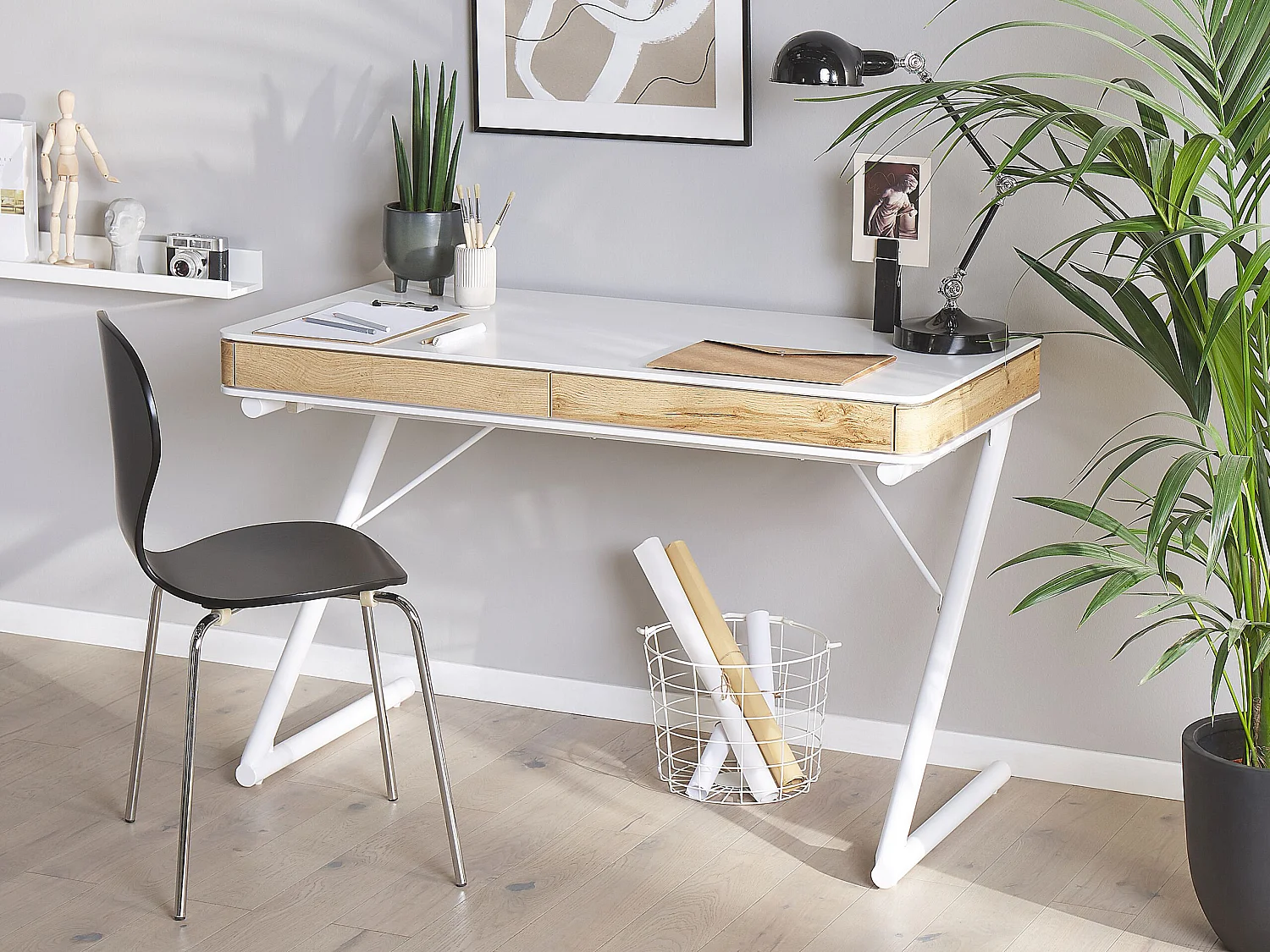 Bureau blanc / effet bois clair avec 2 tiroirs 120 x 60 cm FONTANA