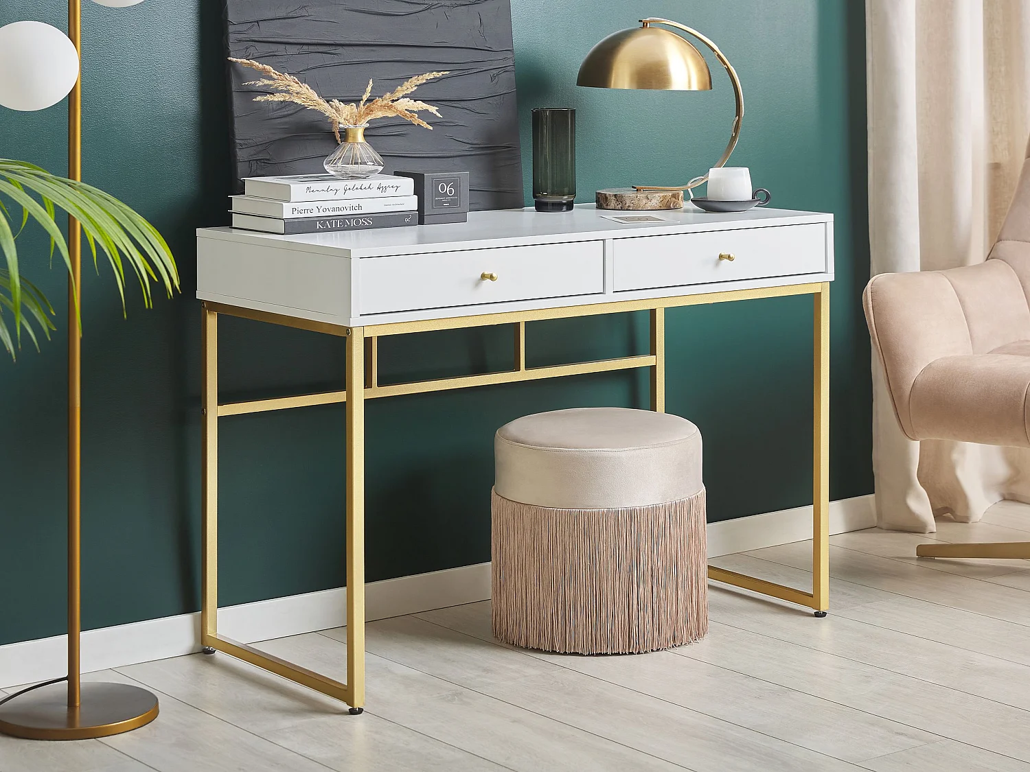 Console Table de bureau DAPHNE Blanc/doré 100 cm 48 cm avec rangement