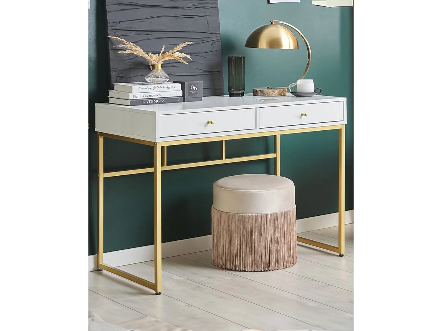 Console Table de bureau DAPHNE Blanc/doré 100 cm 48 cm avec rangement