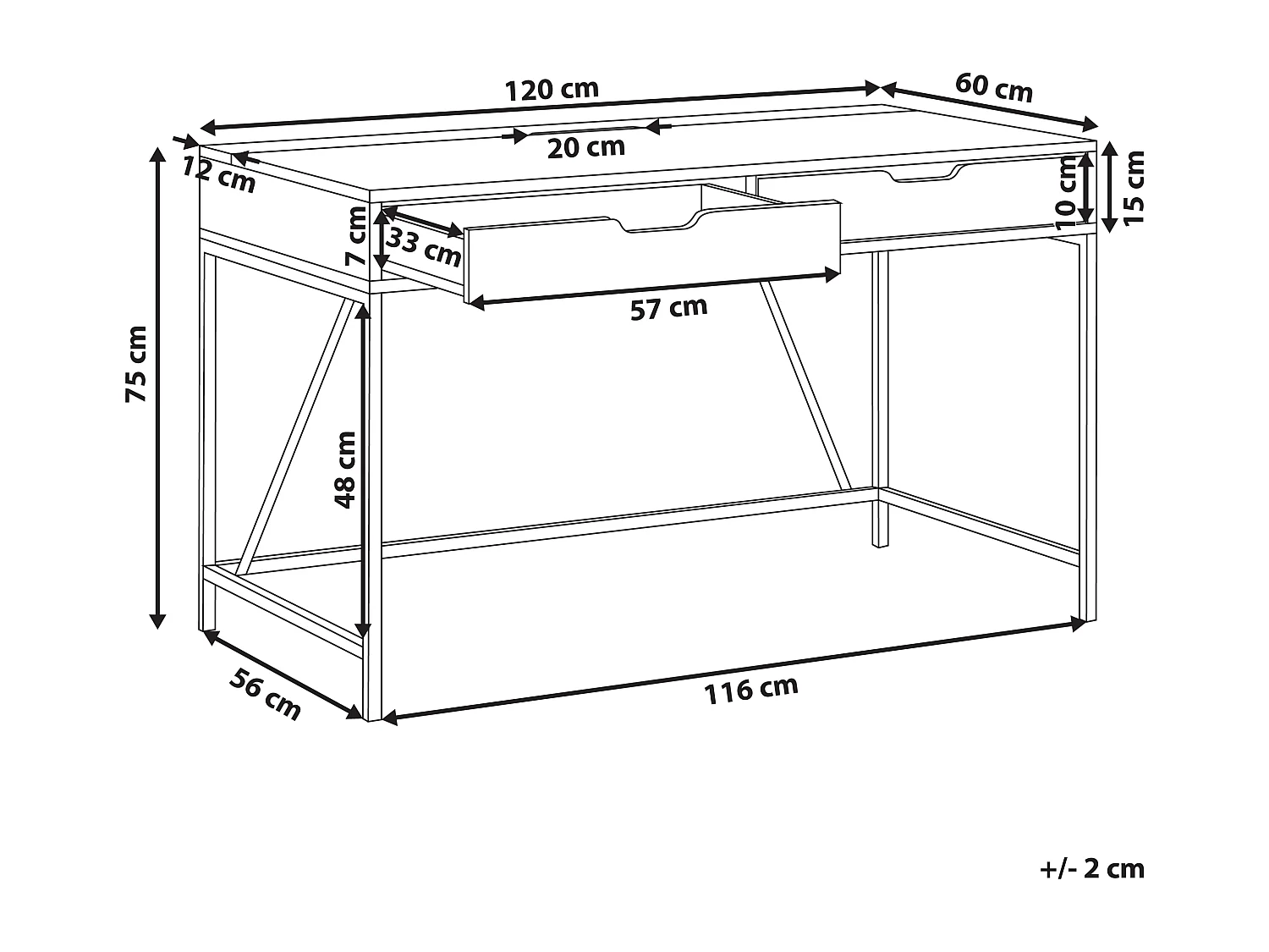 Moderner Schreibtisch 2 Schubladen 120 x 60 in Schwarz/heller Holzfarbton Jena