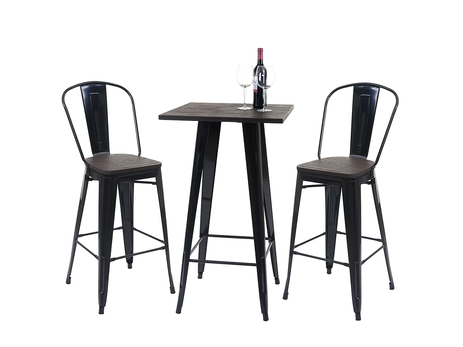 Set table mange-debout + 2x tabouret de bar HWC-A73, plateau en bois, design industriel, métal - noir