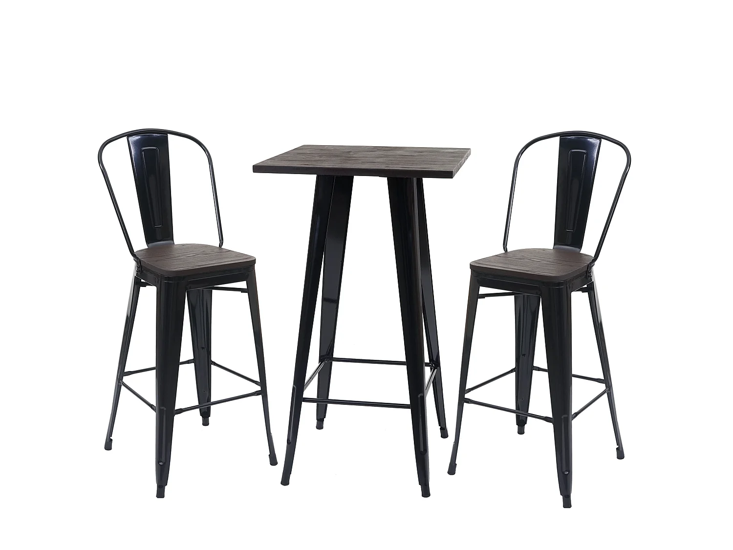 Set table mange-debout + 2x tabouret de bar HWC-A73, plateau en bois, design industriel, métal - noir