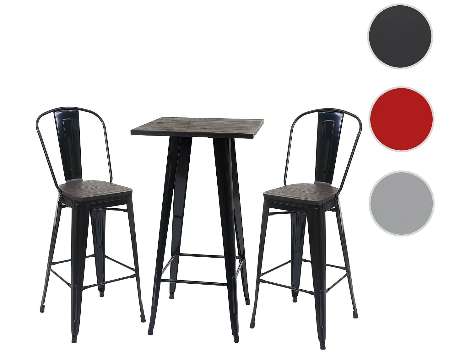 Set table mange-debout + 2x tabouret de bar HWC-A73, plateau en bois, design industriel, métal - noir
