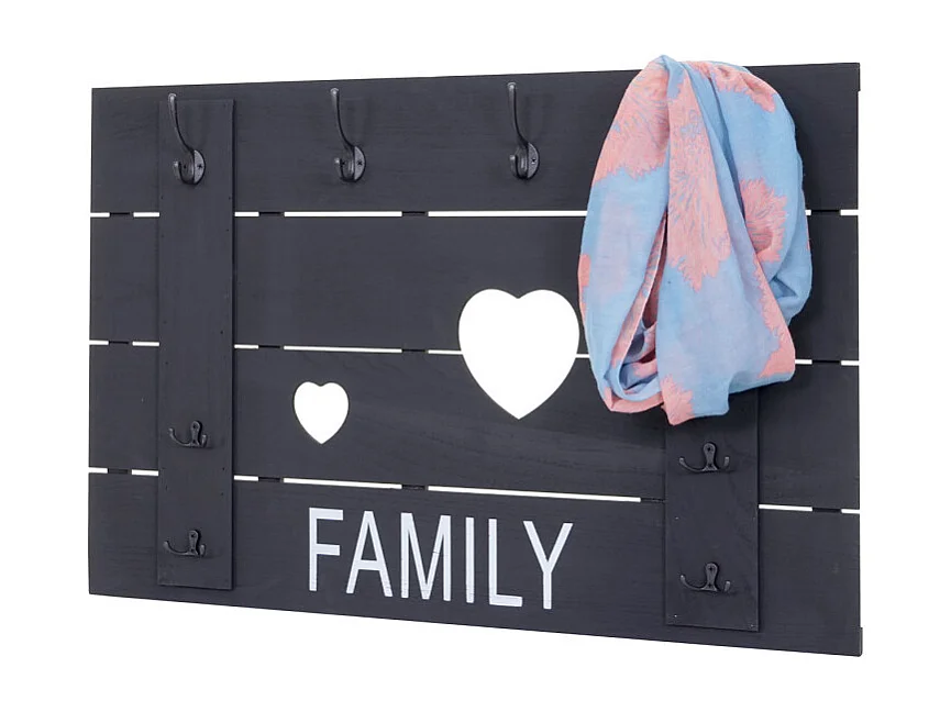 Portemanteau mural HWC-C89, FAMILY, 8 crochets, 60x90cm - gris foncé shabby
