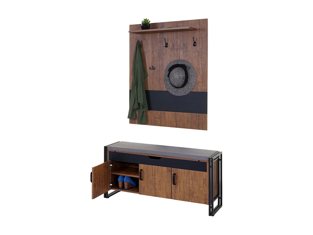 Portemanteau mural + banquette HWC-A27, 53x110x30cm, aspect chêne